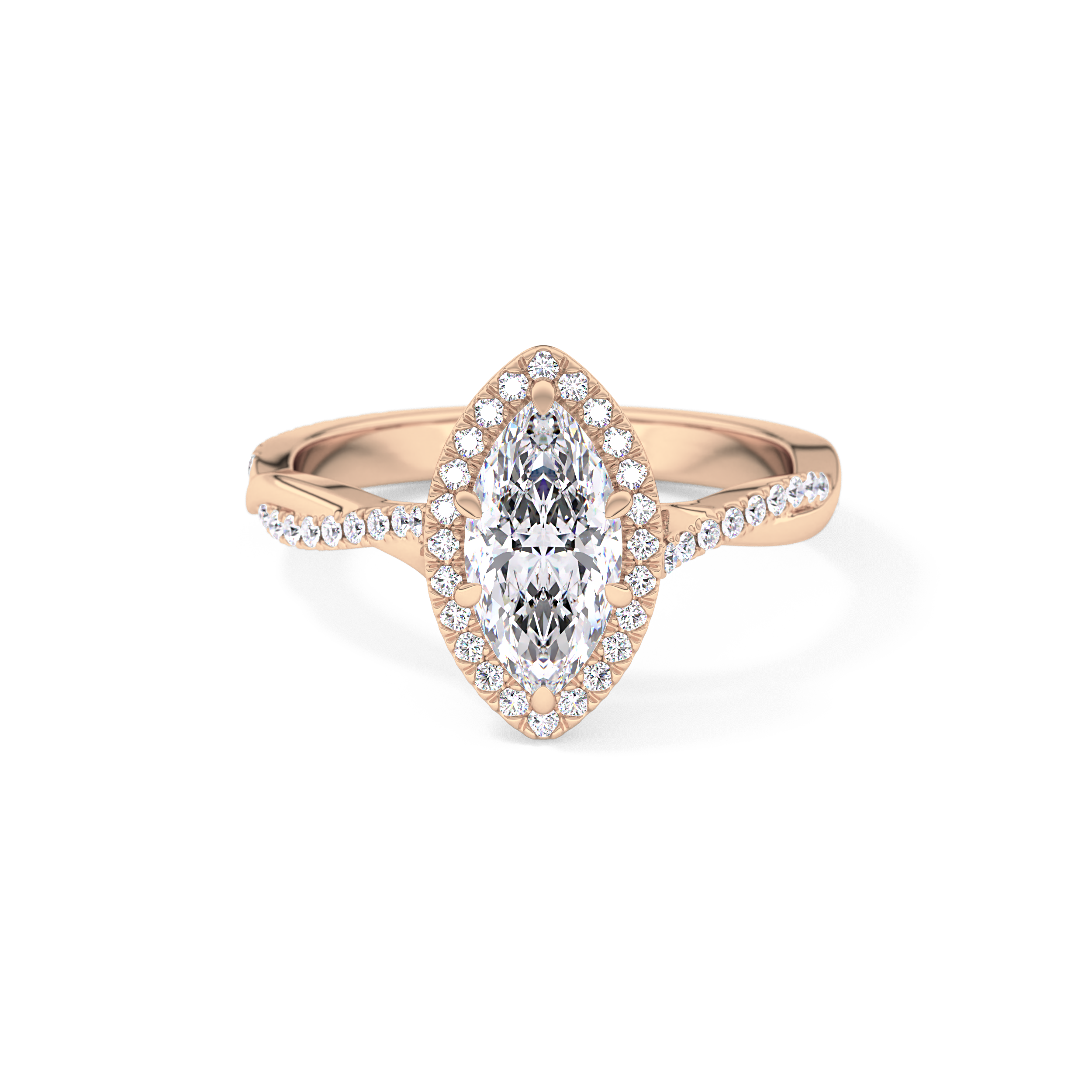 Marquise Cut 0.86 Carat Moissanite Ring – Twisted Shank, Halo and Pave Setting in Gold