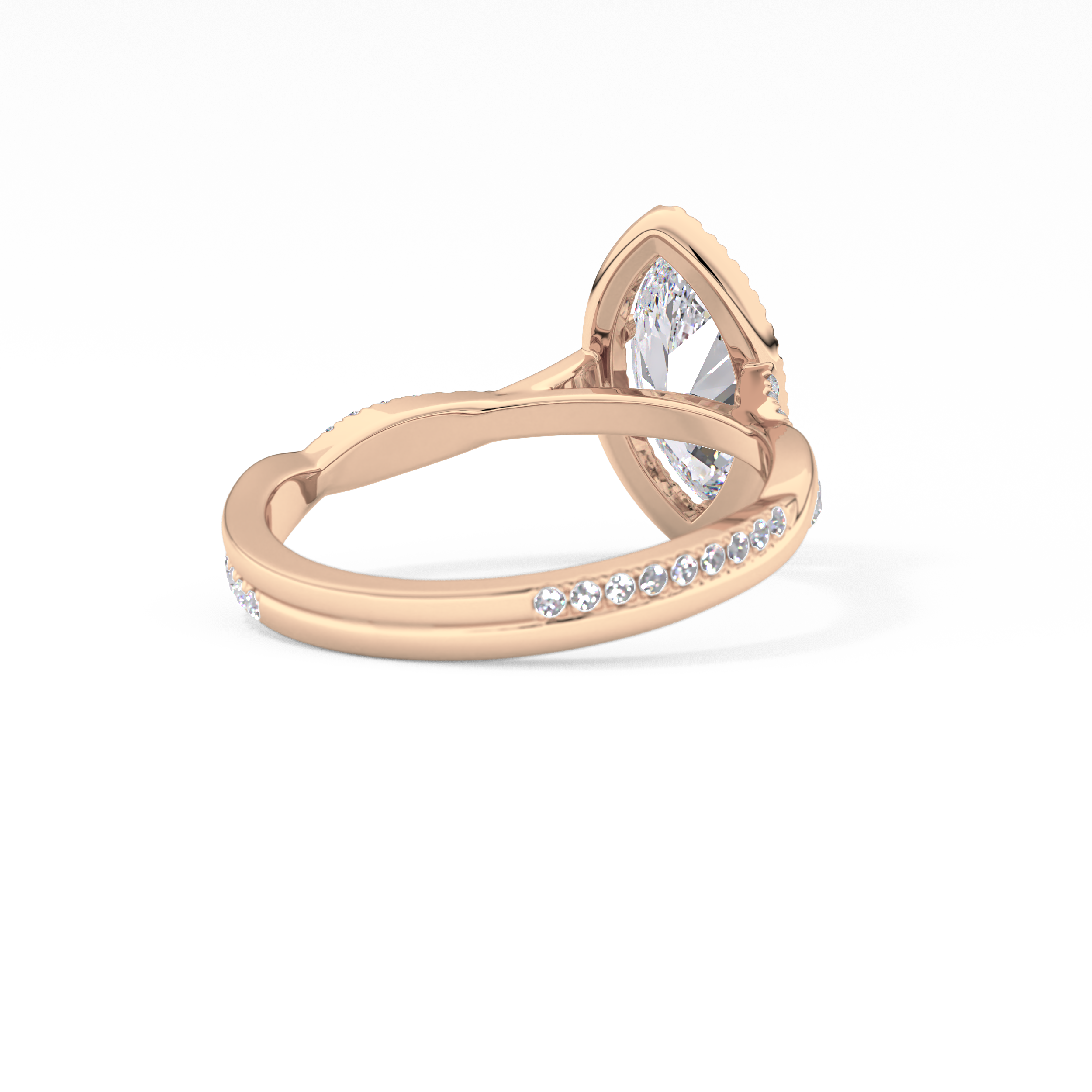 Marquise Cut 0.86 Carat Moissanite Ring – Twisted Shank, Halo and Pave Setting in Gold