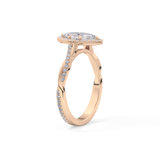 Marquise Cut 0.86 Carat Moissanite Ring – Twisted Shank, Halo and Pave Setting in Gold