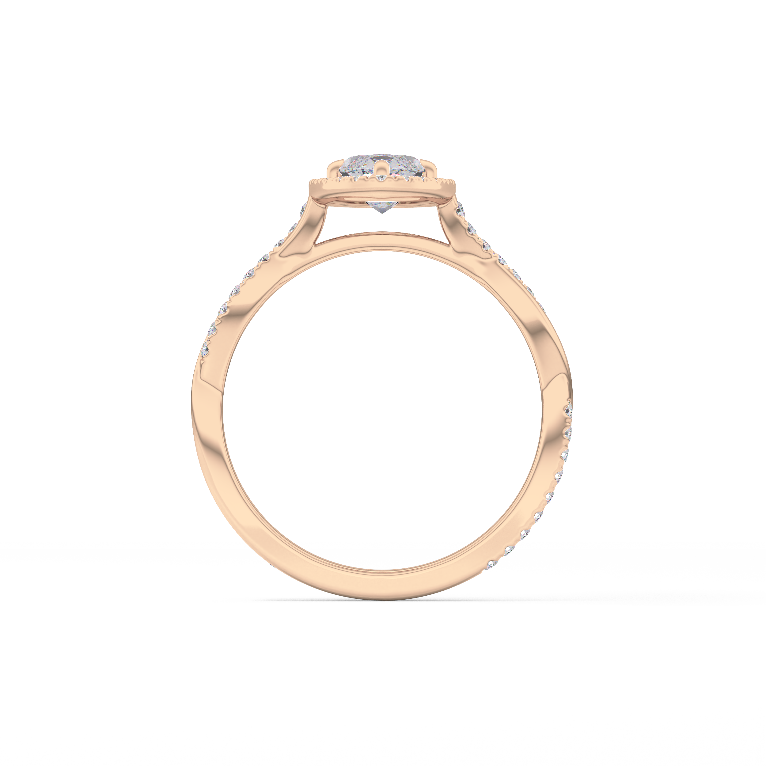 Marquise Cut 0.86 Carat Moissanite Ring – Twisted Shank, Halo and Pave Setting in Gold