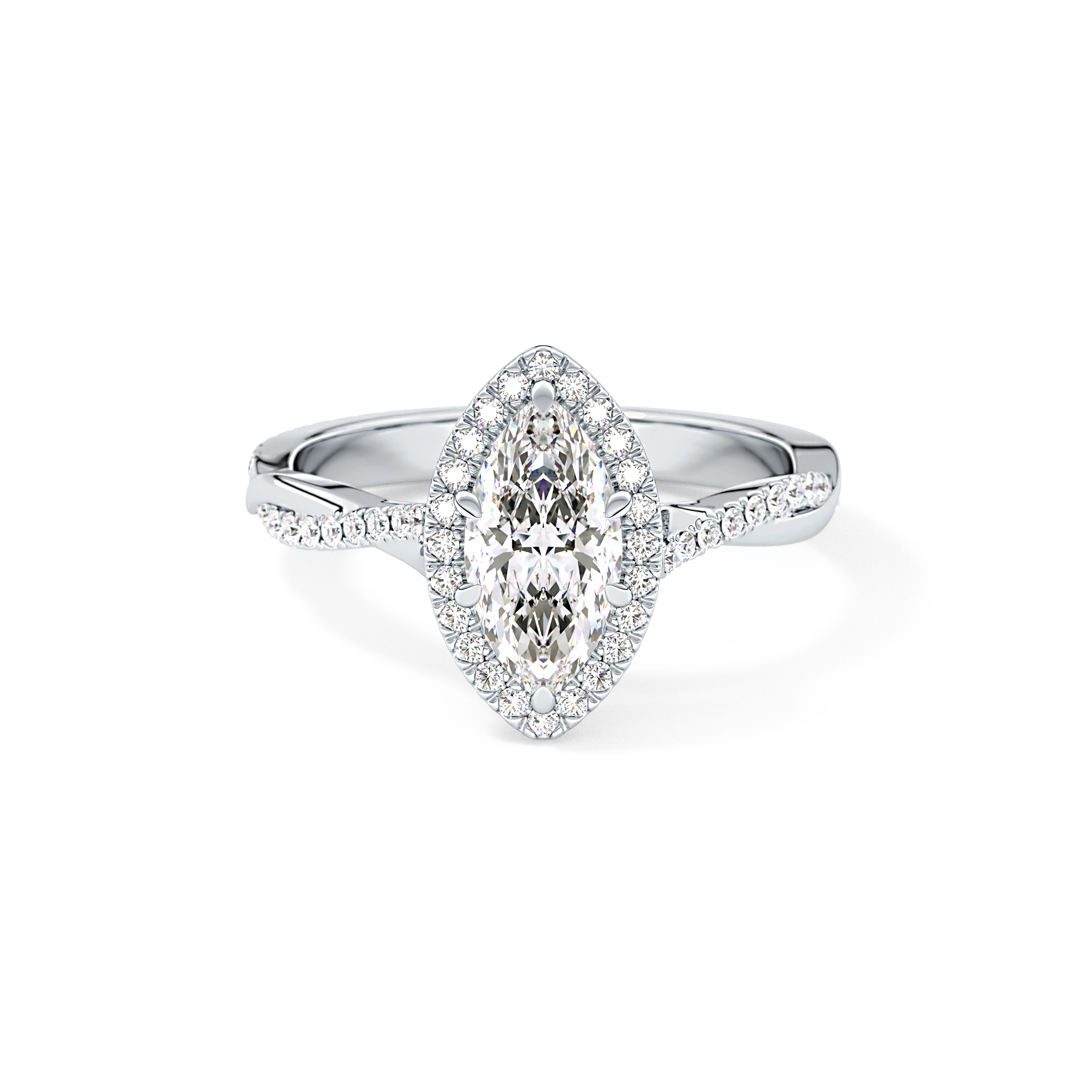 Marquise Cut 0.86 Carat Moissanite Ring – Twisted Shank, Halo and Pave Setting in Gold