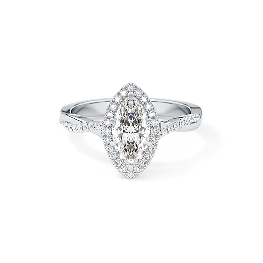 Marquise Cut 0.86 Carat Moissanite Ring – Twisted Shank, Halo and Pave Setting in Gold