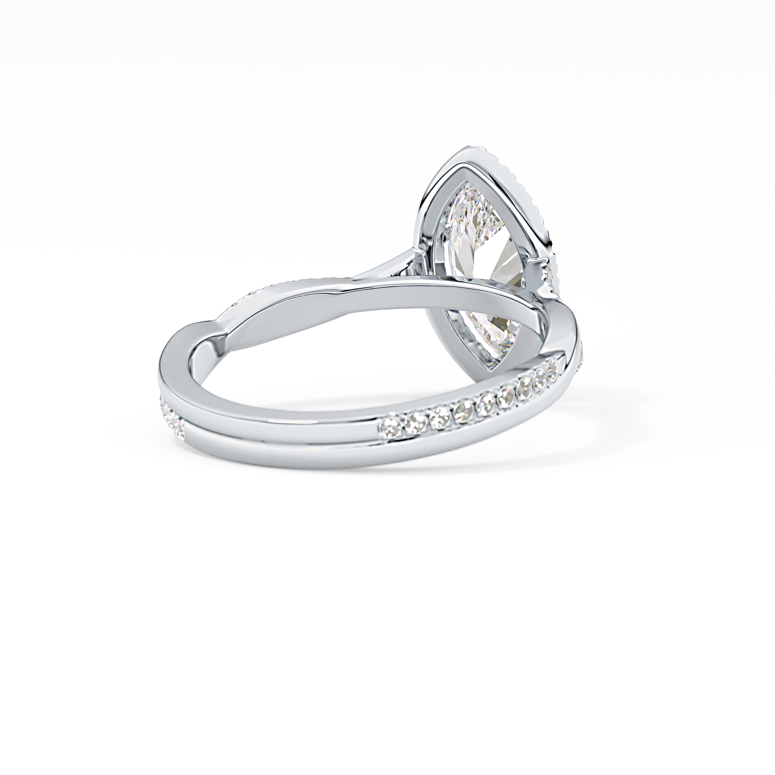 Marquise Cut 0.86 Carat Moissanite Ring – Twisted Shank, Halo and Pave Setting in Gold