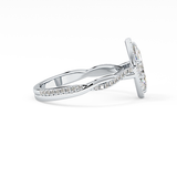 Marquise Cut 0.86 Carat Moissanite Ring – Twisted Shank, Halo and Pave Setting in Gold
