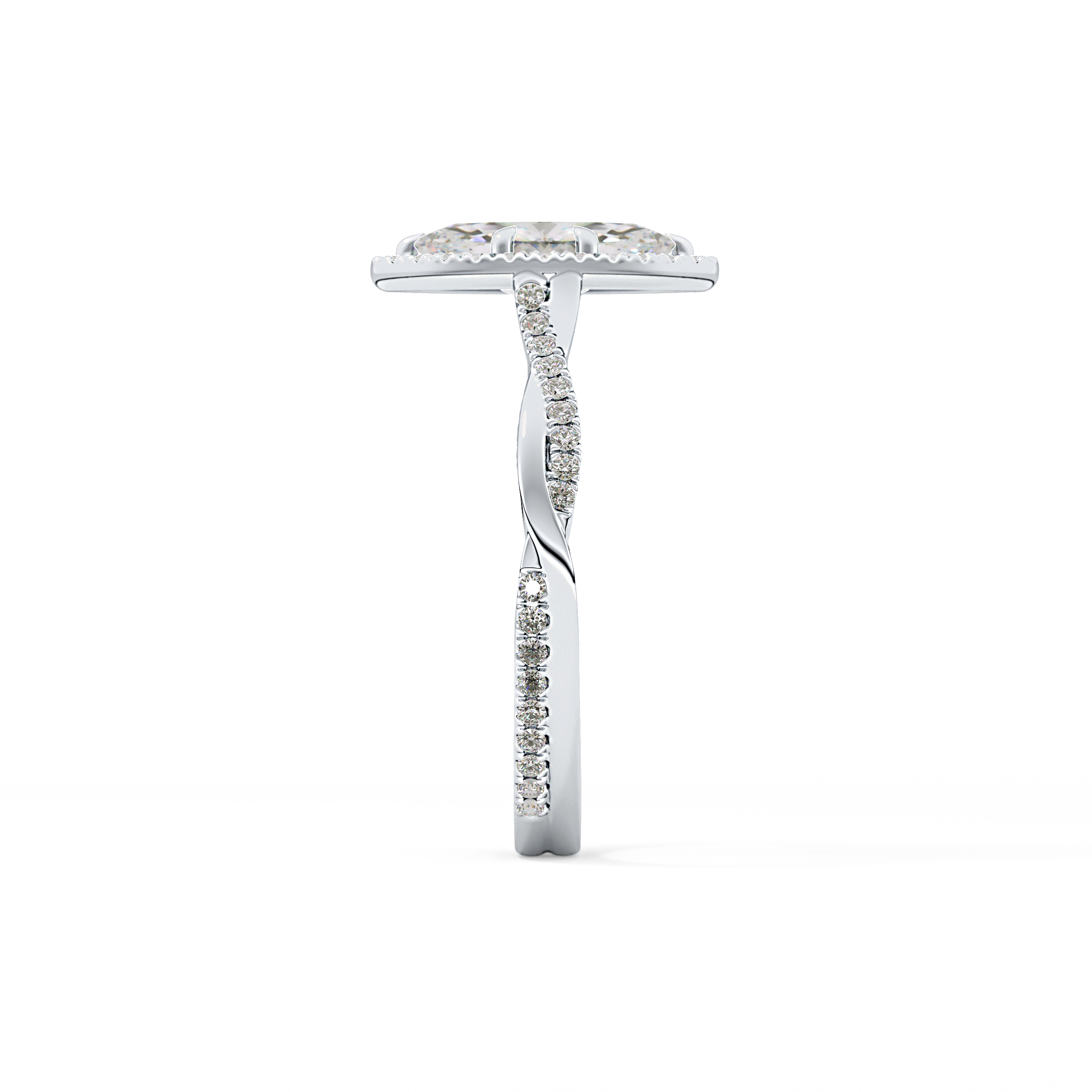 Marquise Cut 0.86 Carat Moissanite Ring – Twisted Shank, Halo and Pave Setting in Gold