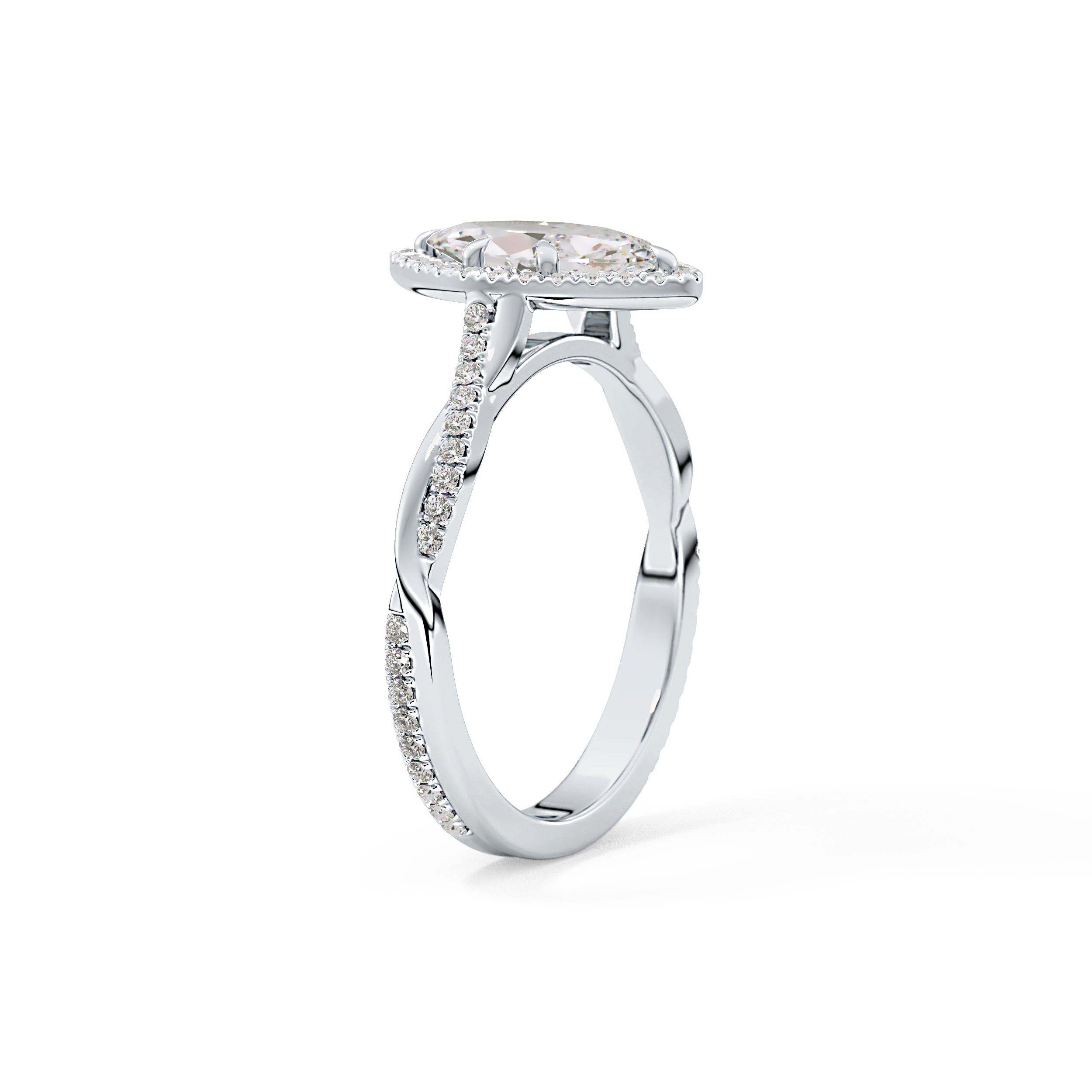 Marquise Cut 0.86 Carat Moissanite Ring – Twisted Shank, Halo and Pave Setting in Gold