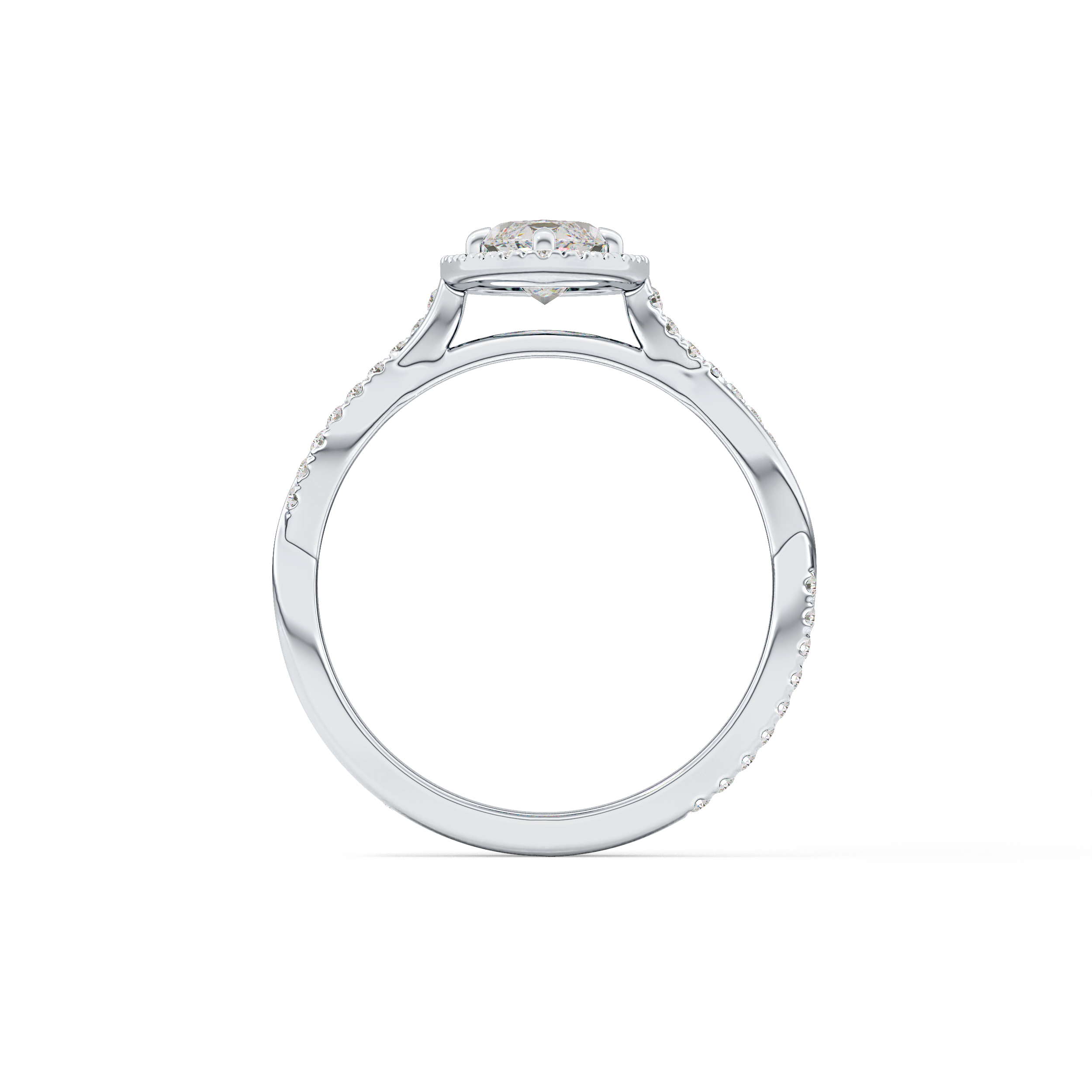 Marquise Cut 0.86 Carat Moissanite Ring – Twisted Shank, Halo and Pave Setting in Gold