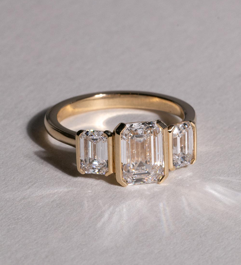 2.05 CT Emerald Three Stone Lab Grown Diamond Engagement Ring