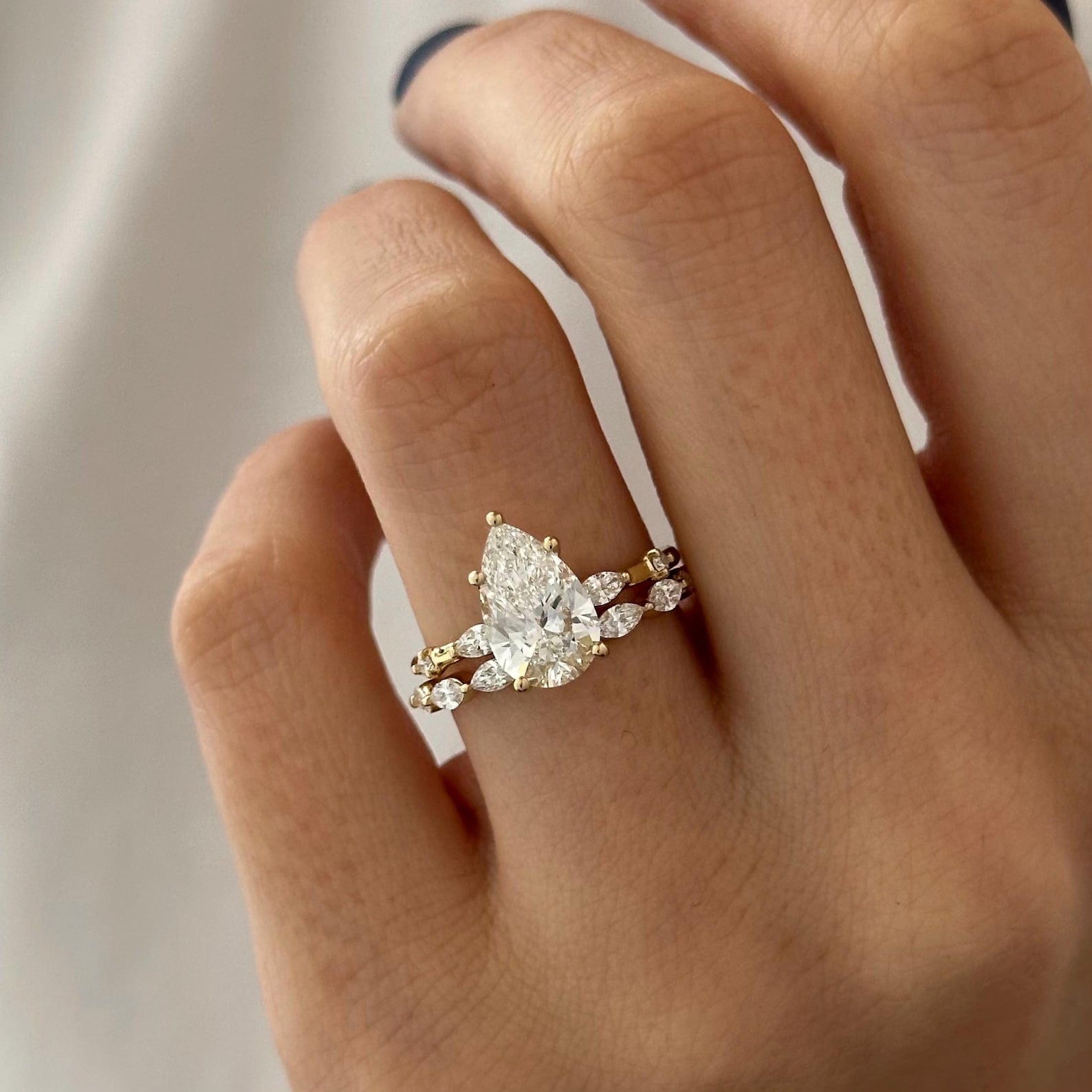1.0 CT Pear Bezel Solitaire Lab Grown Diamond Bridal Set