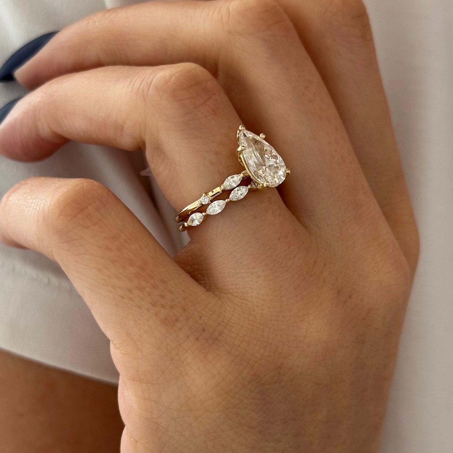1.0 CT Pear Bezel Solitaire Lab Grown Diamond Bridal Set