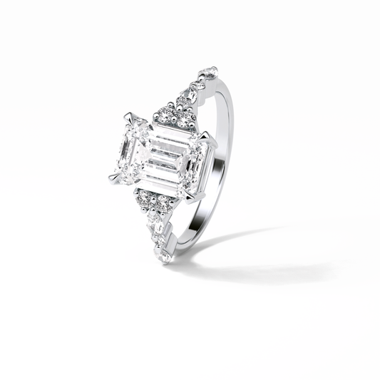 2.3 CT Emerald Cut Cluster Style Moissanite Engagement Ring