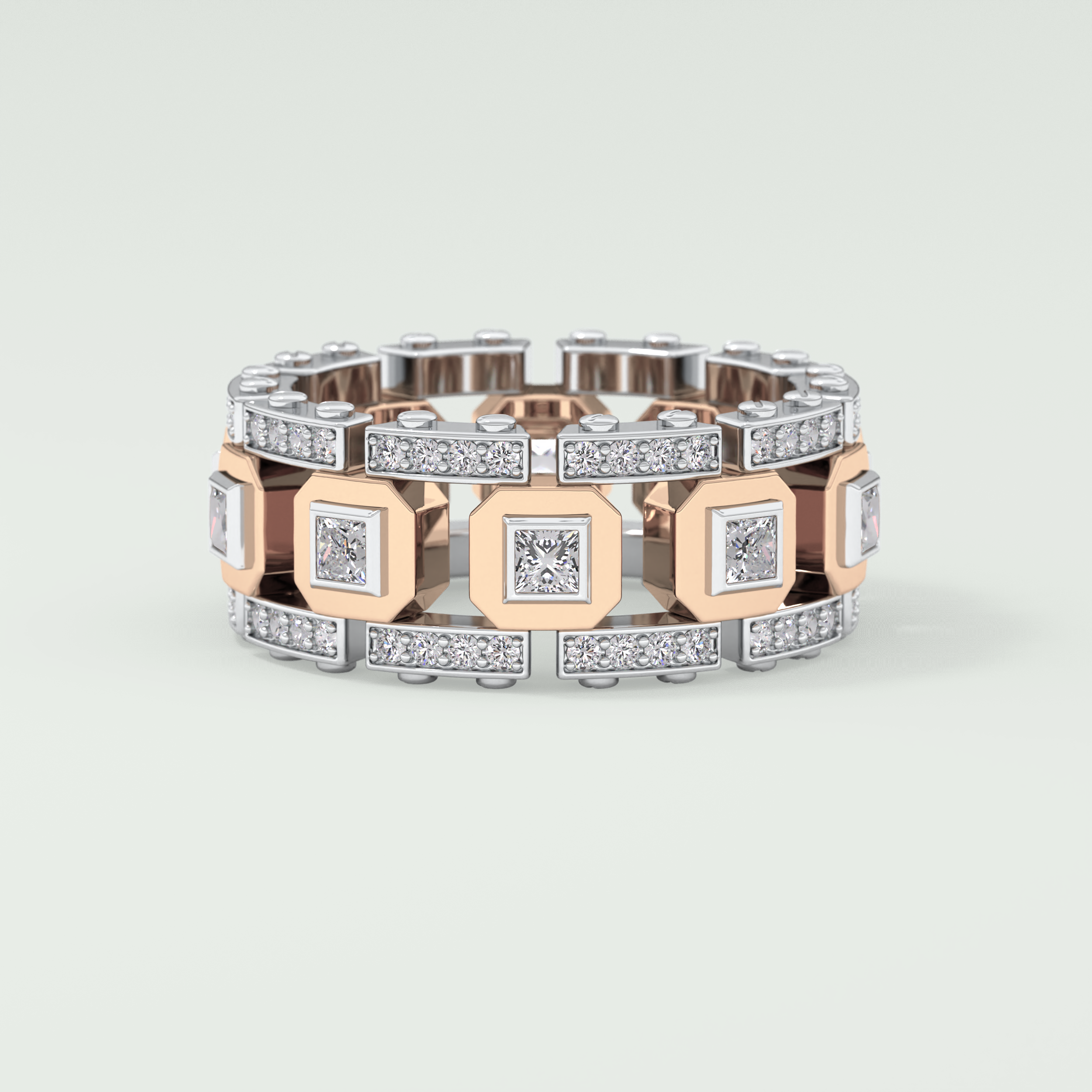 Princess & Round Moissanite Stones Two Tone Moissanite Wedding Band 10