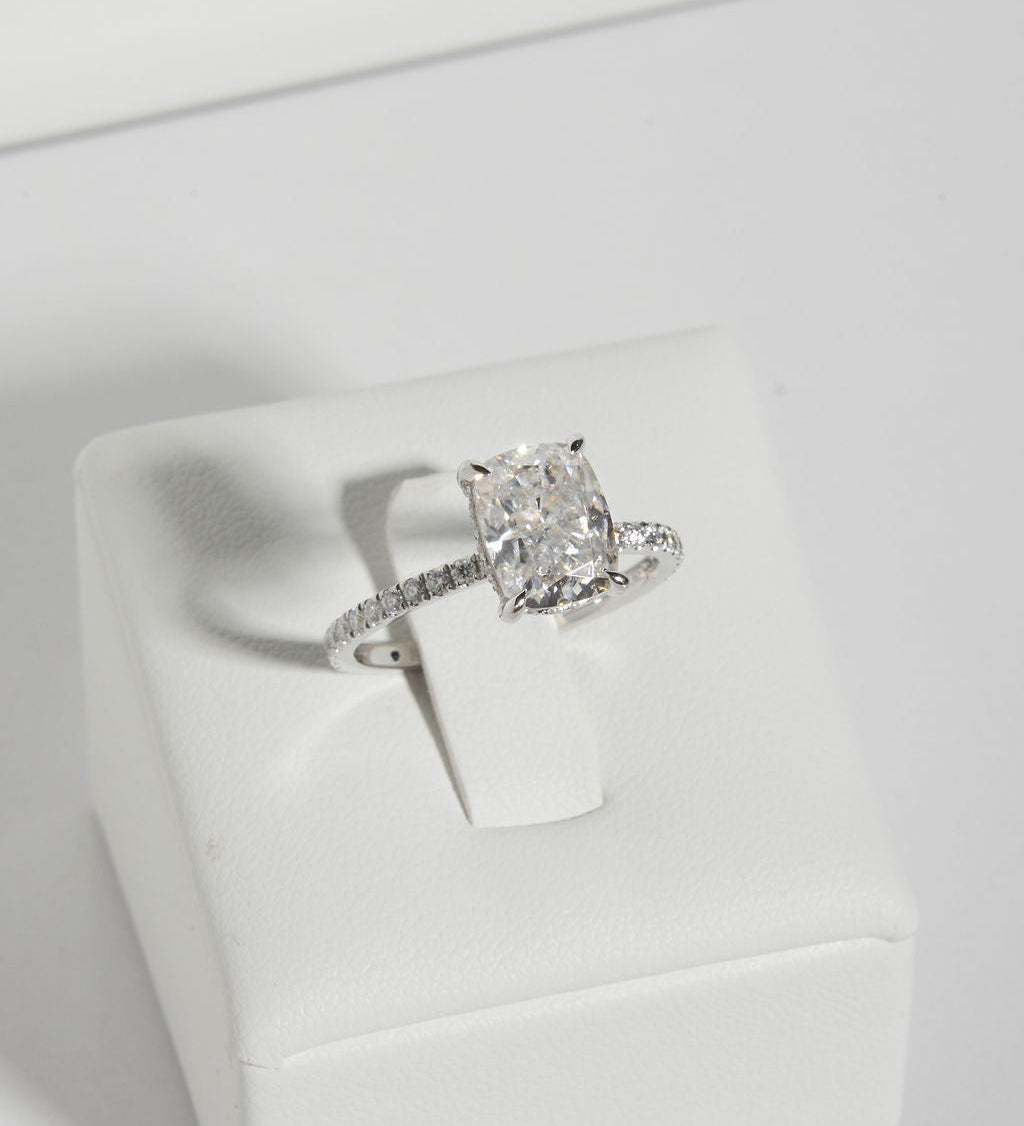 3 CT Elongated Cushion Pave & Hidden Halo Lab Grown Diamond Engagement Ring