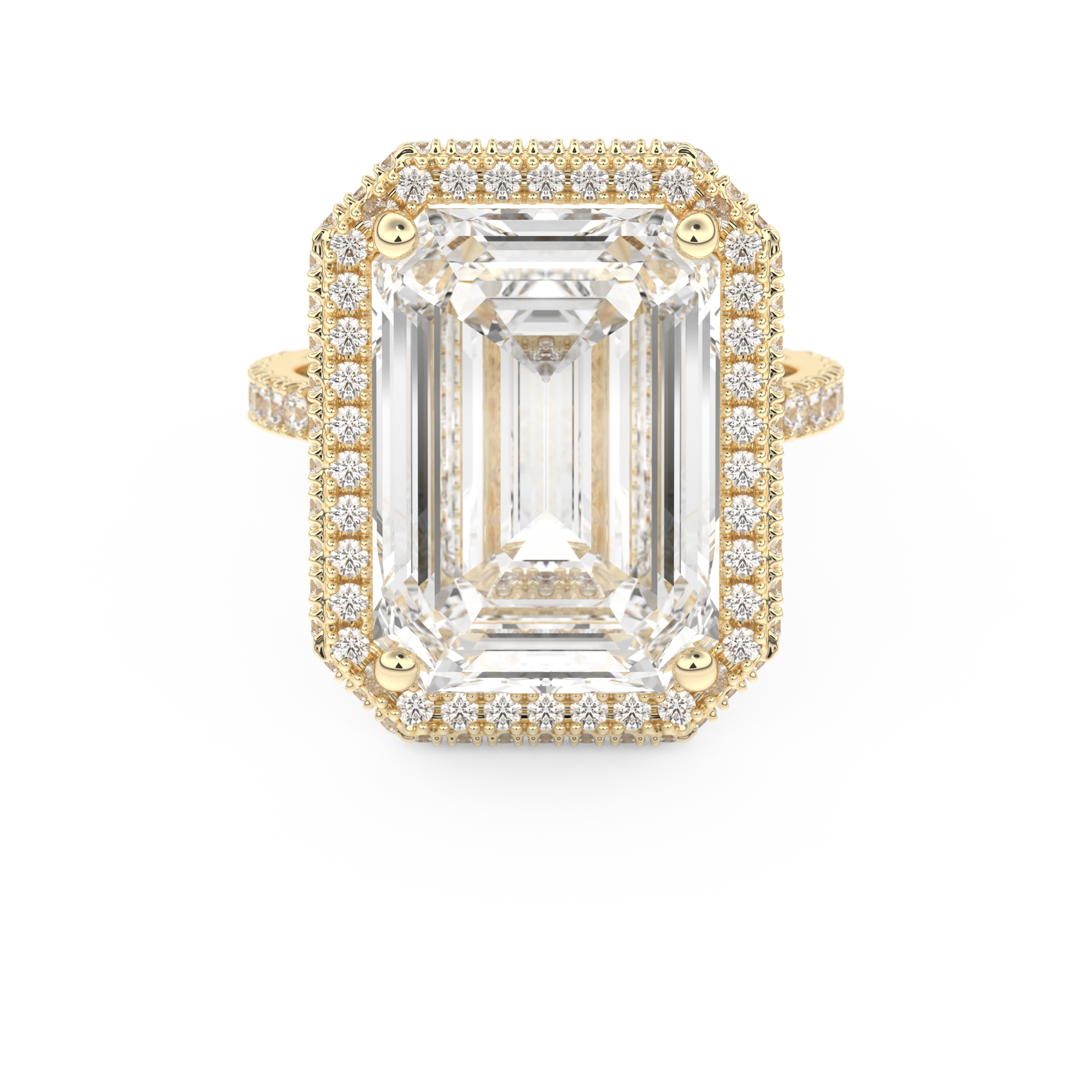 Elongated Emerald Cut 10.8 Carat Moissanite Ring – Hidden Halo & Pave Setting in Gold