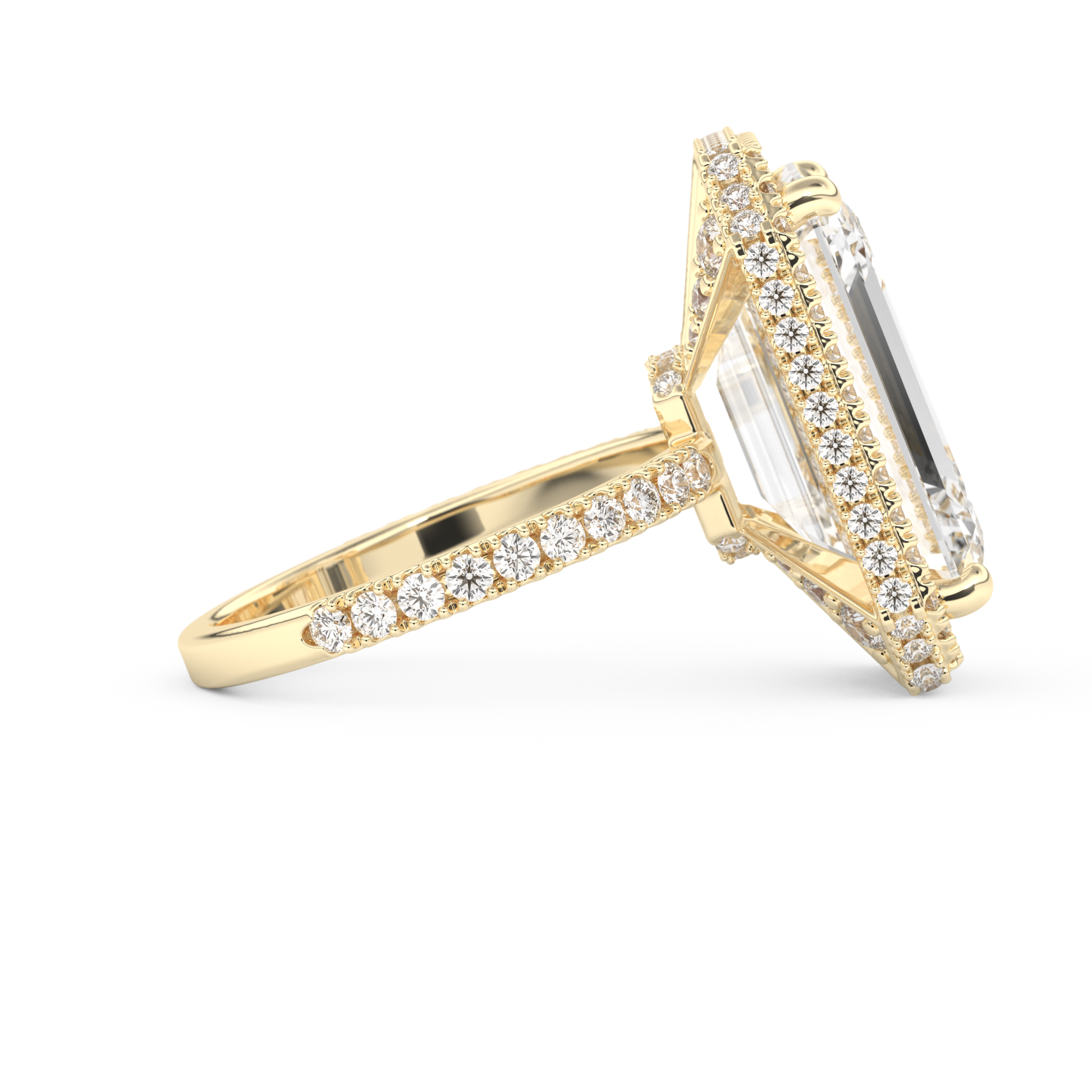 Elongated Emerald Cut 10.8 Carat Moissanite Ring – Hidden Halo & Pave Setting in Gold