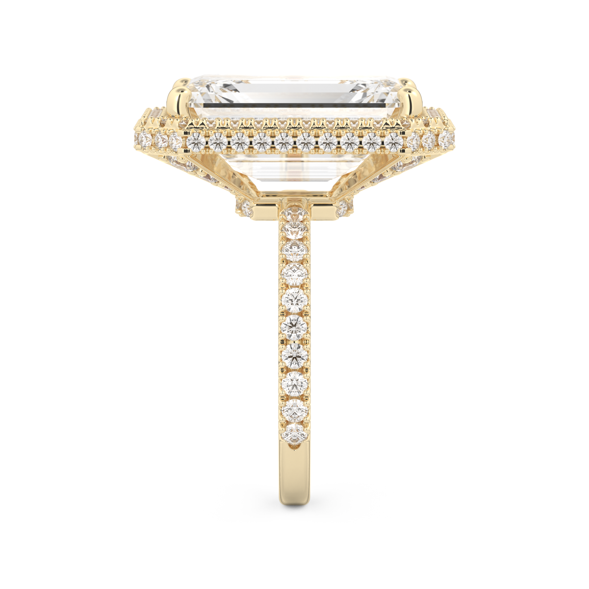 Elongated Emerald Cut 10.8 Carat Moissanite Ring – Hidden Halo & Pave Setting in Gold