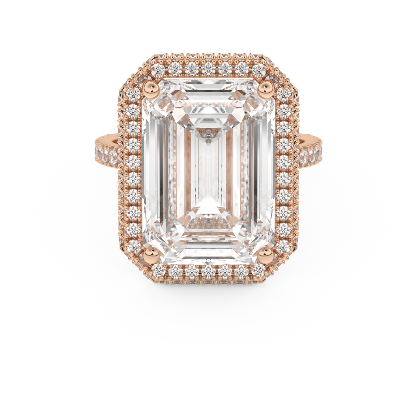 Elongated Emerald Cut 10.8 Carat Moissanite Ring – Hidden Halo & Pave Setting in Gold