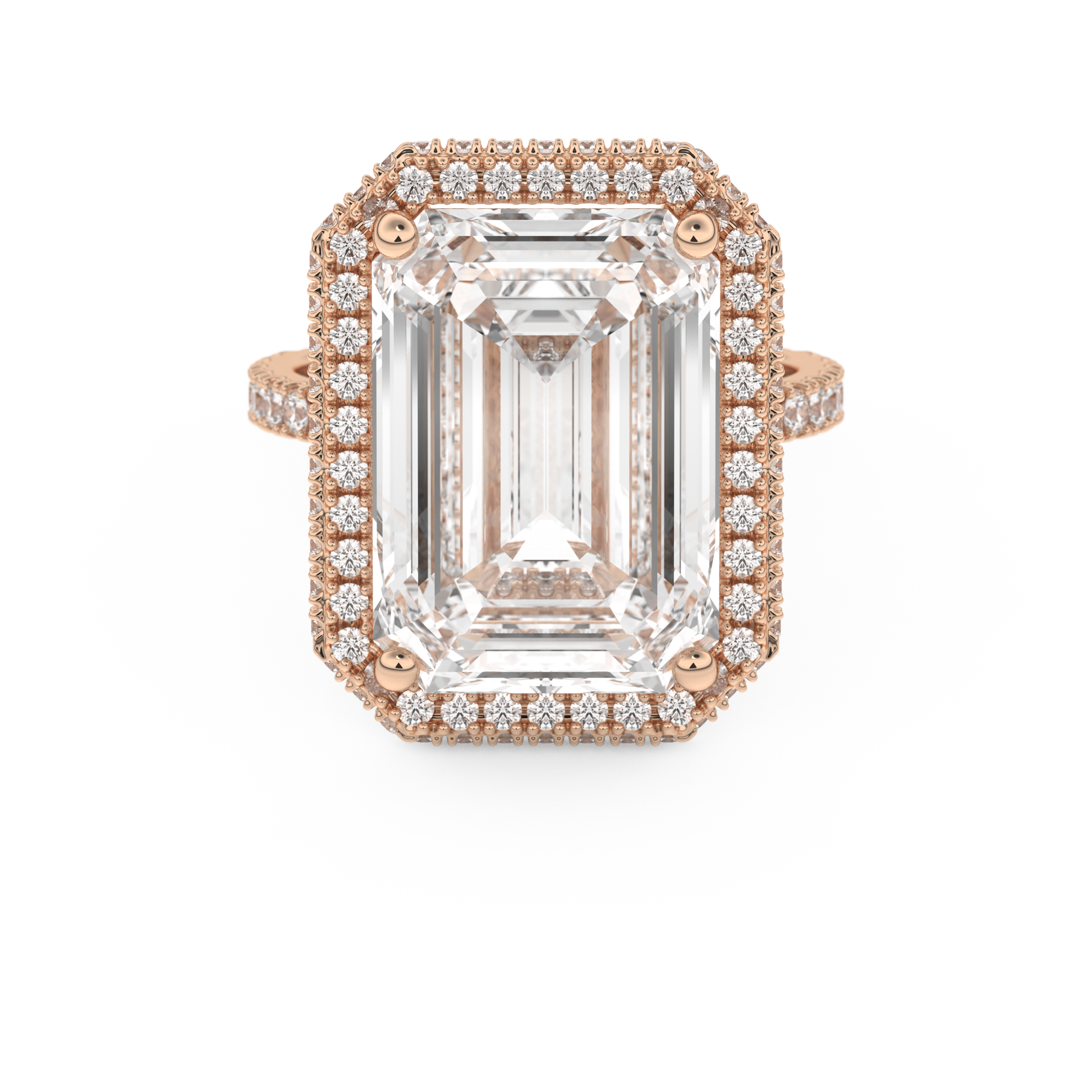 Elongated Emerald Cut 10.8 Carat Moissanite Ring – Hidden Halo & Pave Setting in Gold