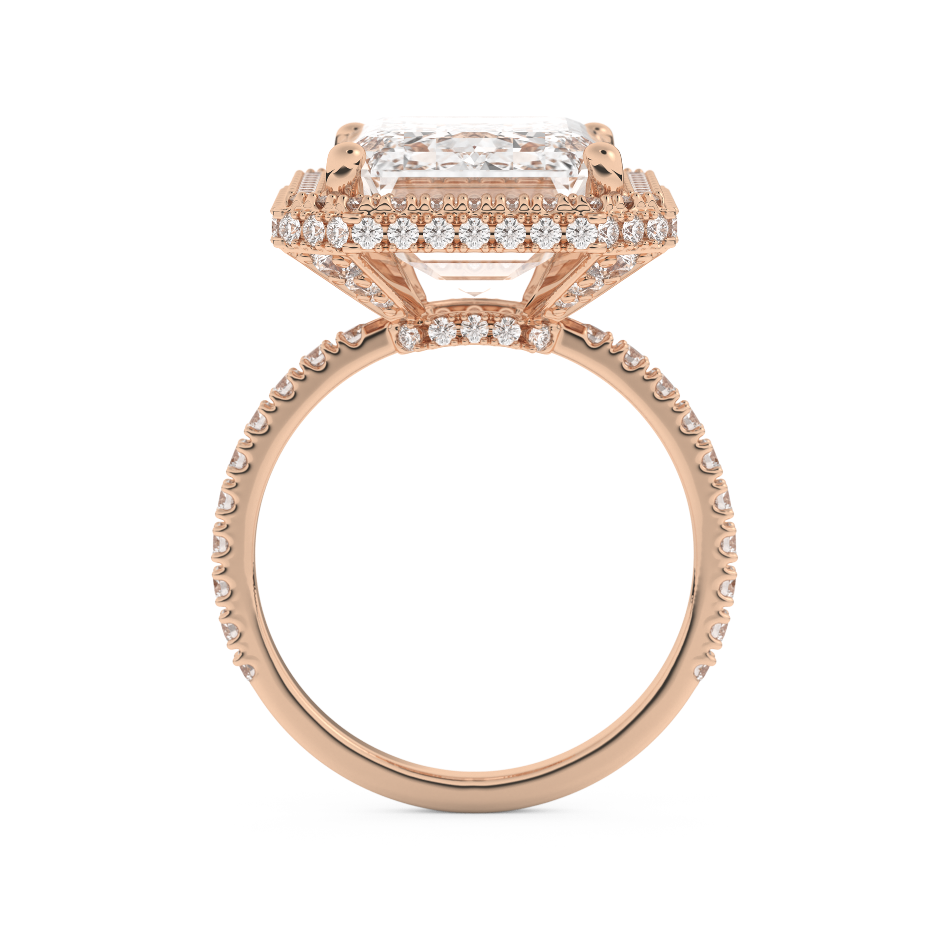 Elongated Emerald Cut 10.8 Carat Moissanite Ring – Hidden Halo & Pave Setting in Gold