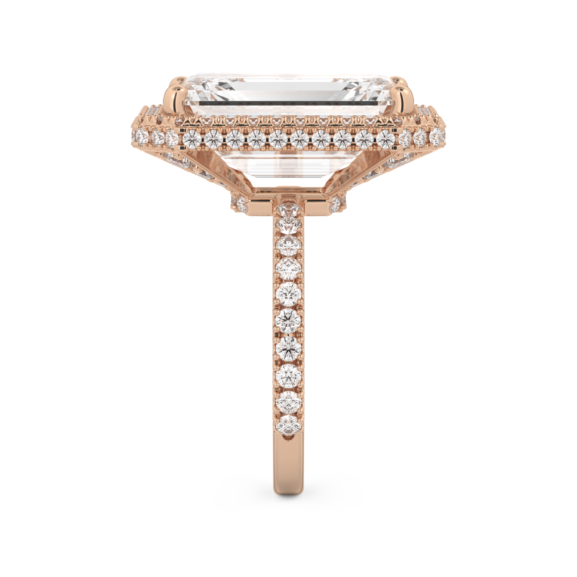 Elongated Emerald Cut 10.8 Carat Moissanite Ring – Hidden Halo & Pave Setting in Gold