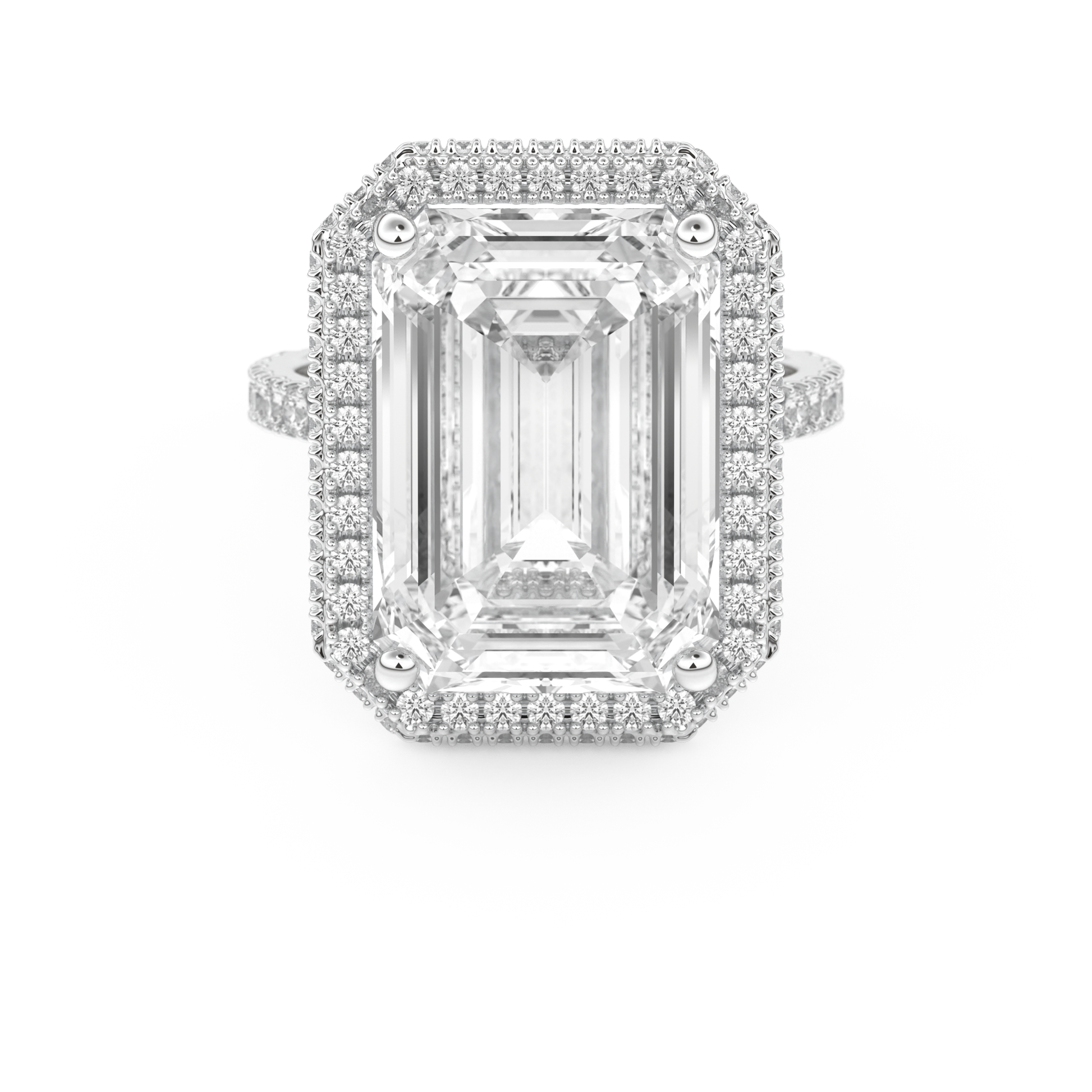 Elongated Emerald Cut 10.8 Carat Moissanite Ring – Hidden Halo & Pave Setting in Gold