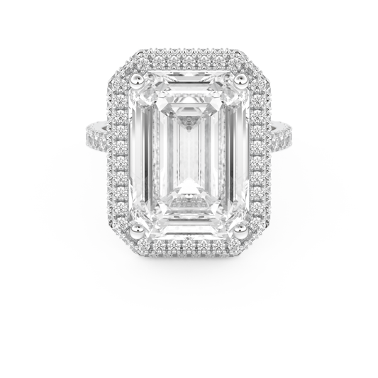 Elongated Emerald Cut 10.8 Carat Moissanite Ring – Hidden Halo & Pave Setting in Gold