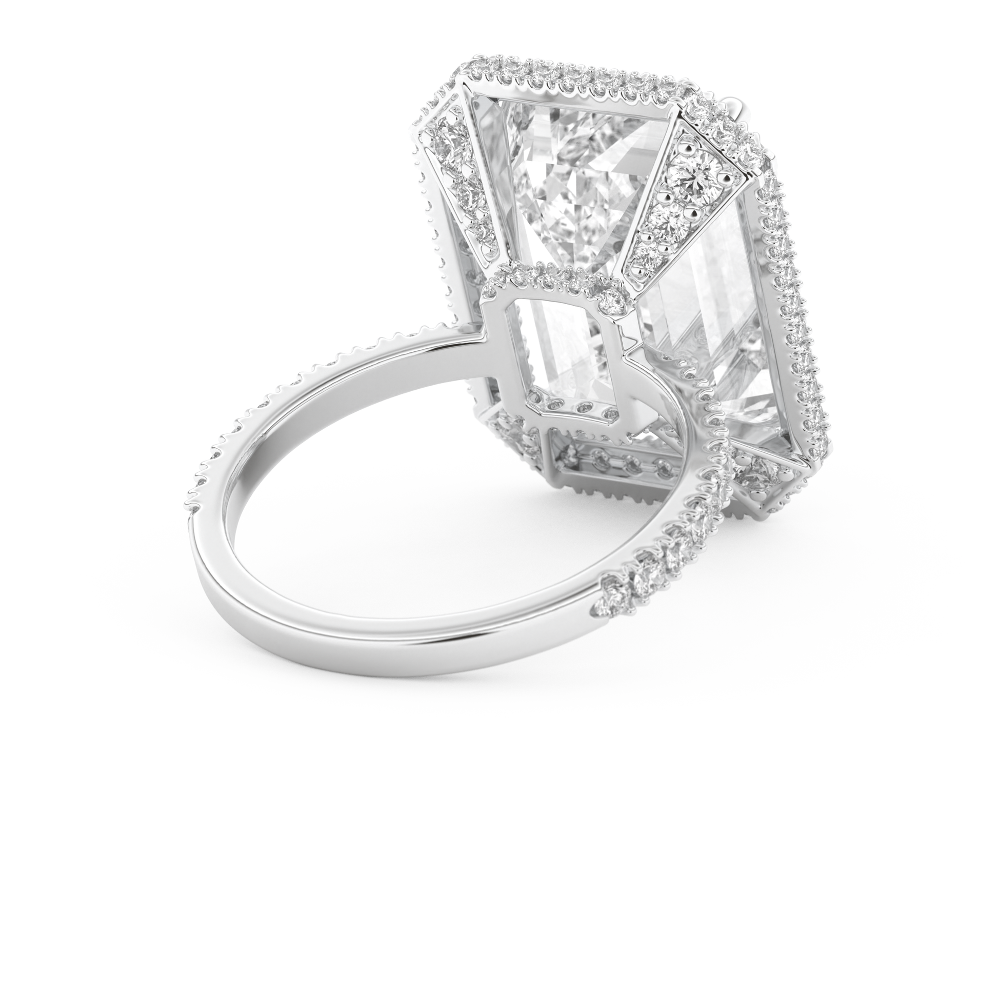 Elongated Emerald Cut 10.8 Carat Moissanite Ring – Hidden Halo & Pave Setting in Gold