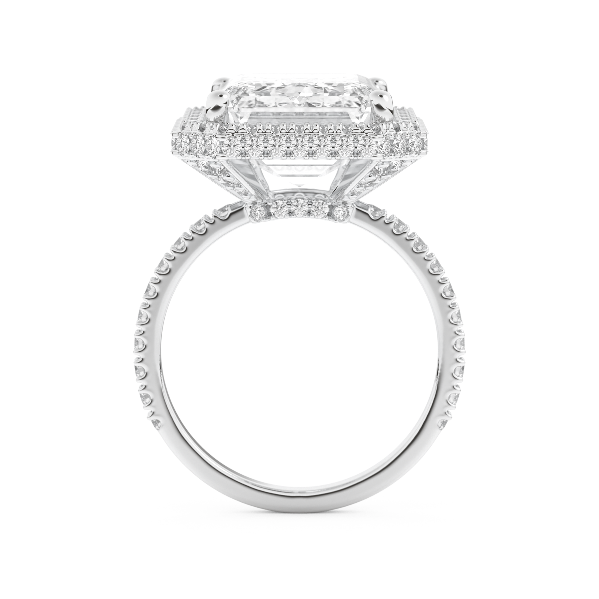 Elongated Emerald Cut 10.8 Carat Moissanite Ring – Hidden Halo & Pave Setting in Gold