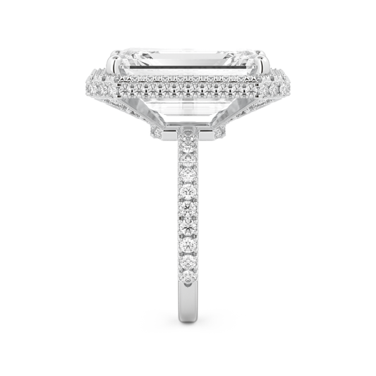 Elongated Emerald Cut 10.8 Carat Moissanite Ring – Hidden Halo & Pave Setting in Gold