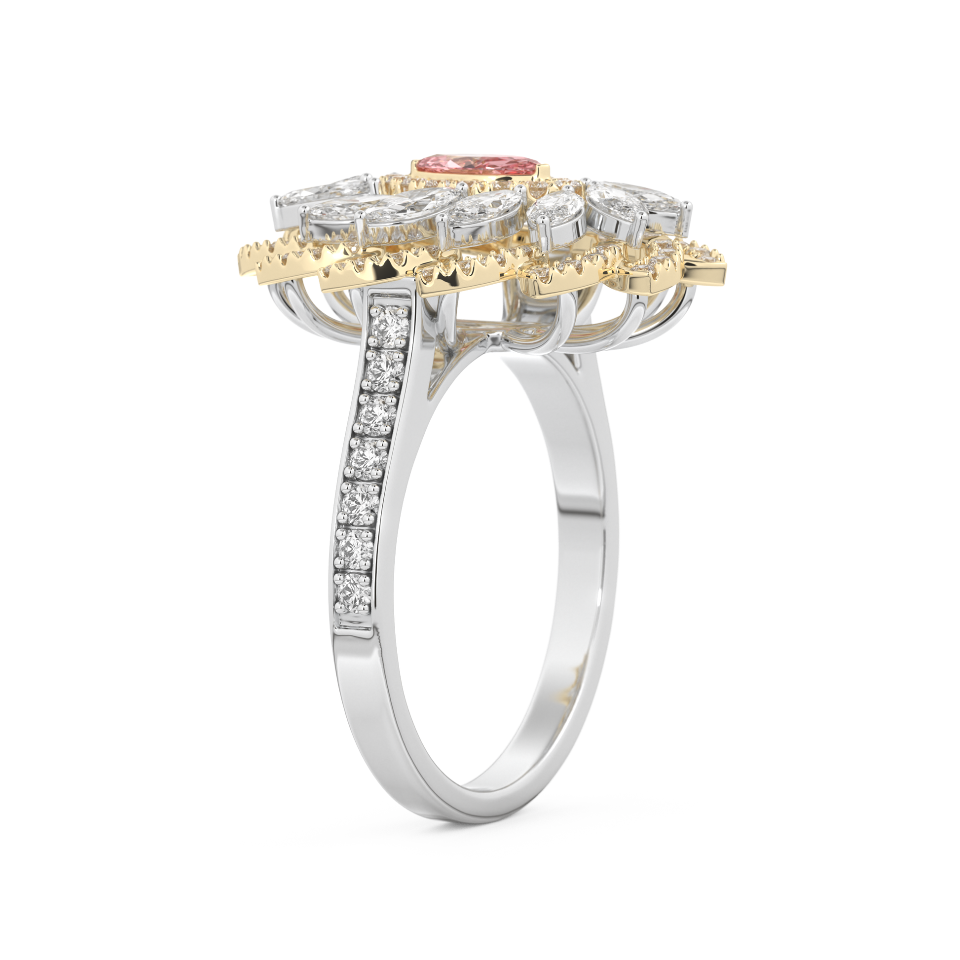 Elongated Marquise Cut 0.18 Carat Moissanite Ring – Cluster & Pave Setting in Gold
