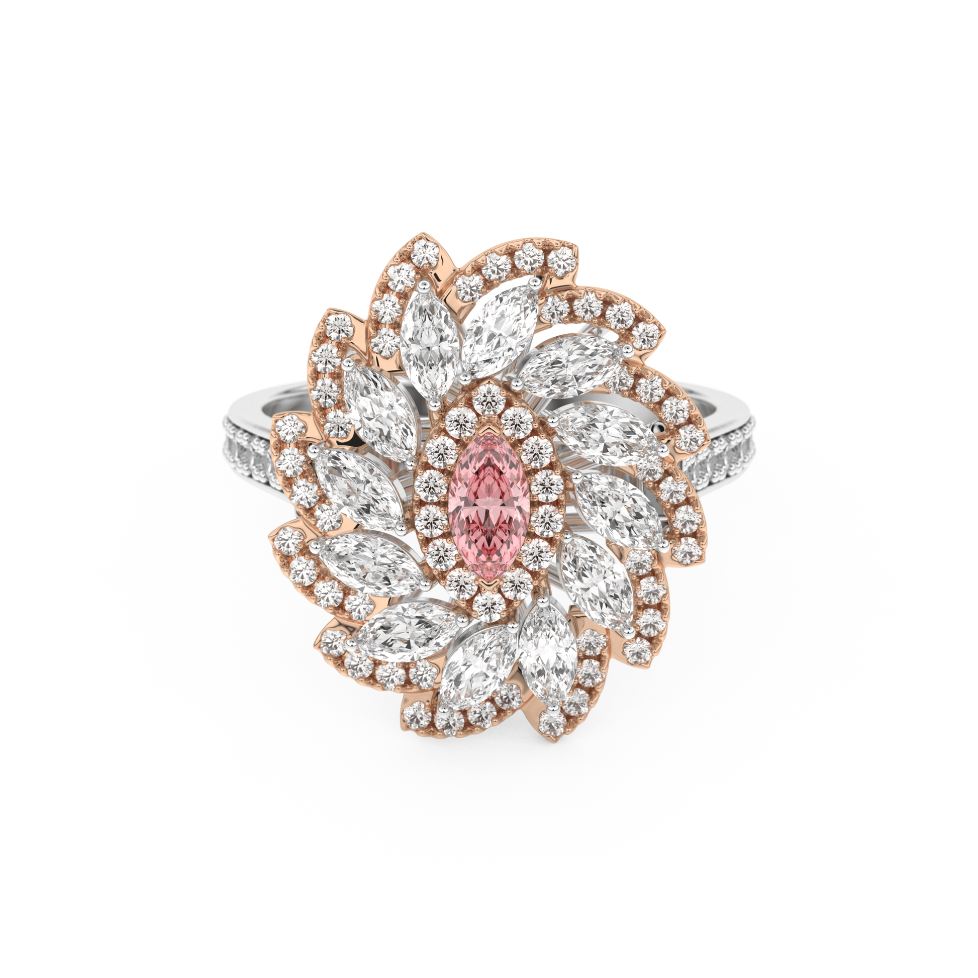 Elongated Marquise Cut 0.18 Carat Moissanite Ring – Cluster & Pave Setting in Gold
