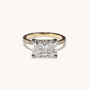 Stunning 4.06 CT East West Radiant Moissanite Engagement Ring with Hidden Halo & Pave Design