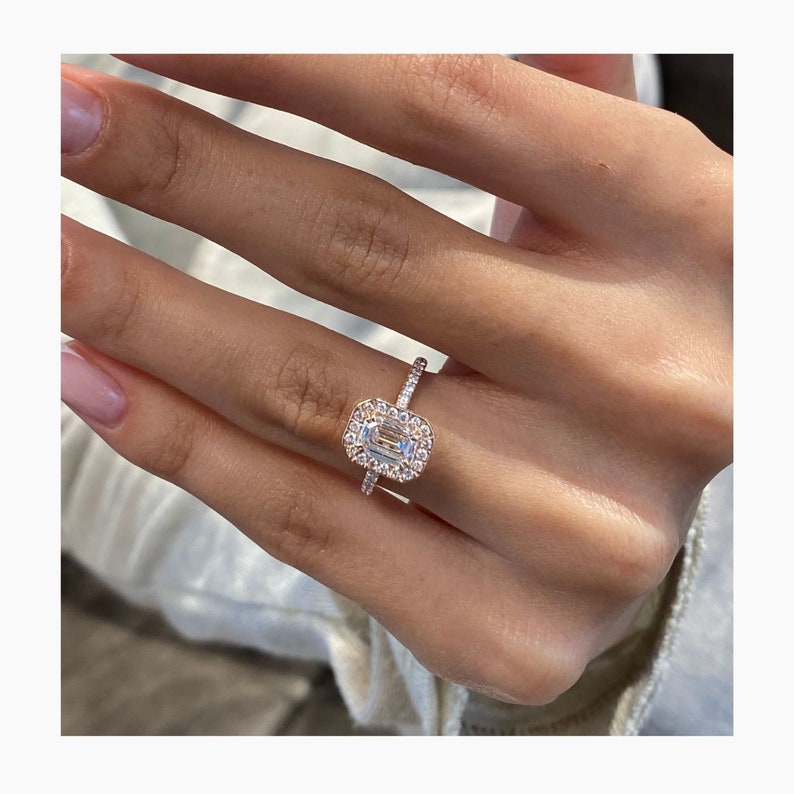 Stunning 1.0 CT Emerald Moissanite Engagement Ring with Halo & Pave Design 1