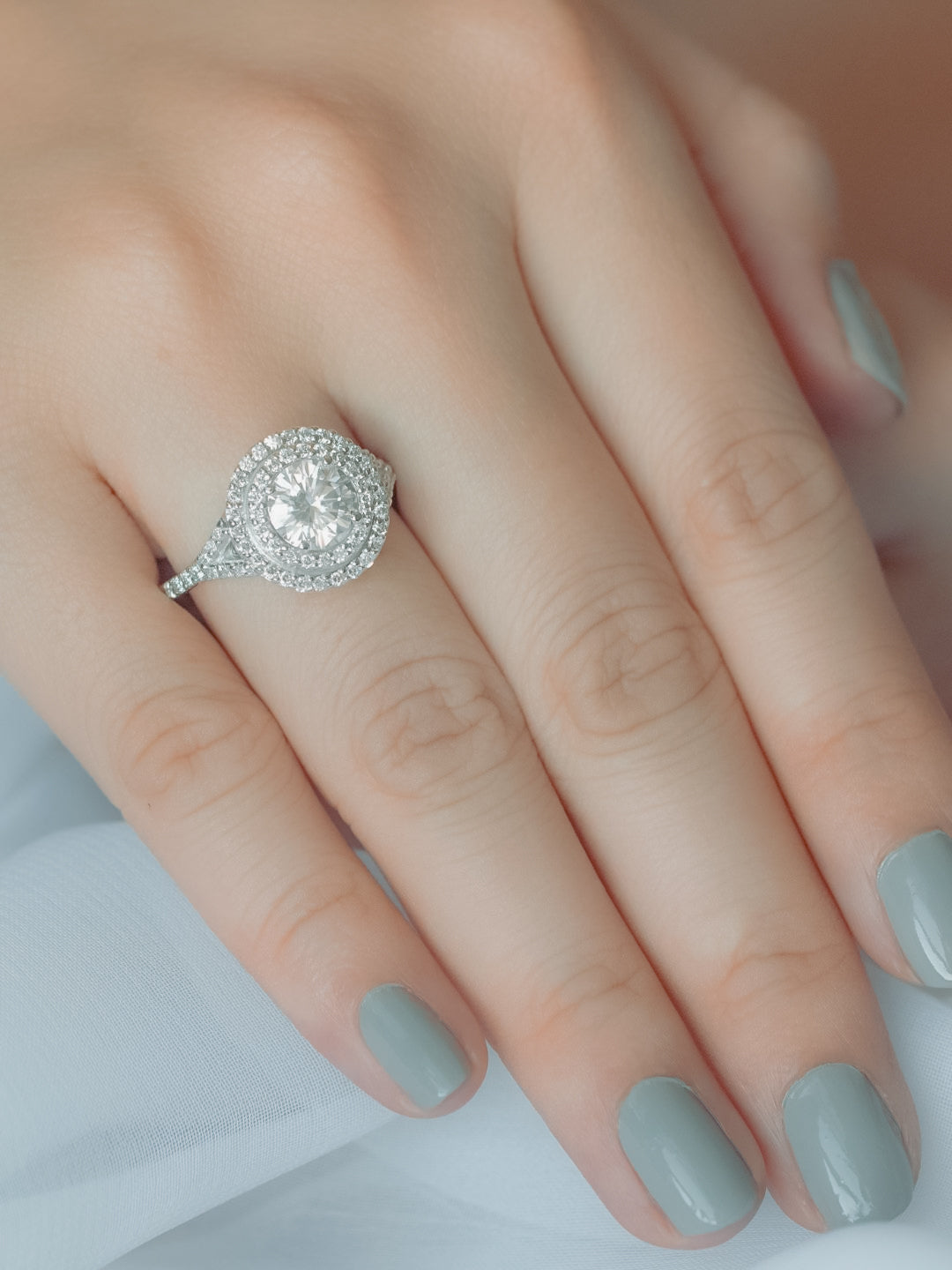 Stunning 1.0 CT Round Moissanite Engagement Ring with Double Halo and Pave Design 8