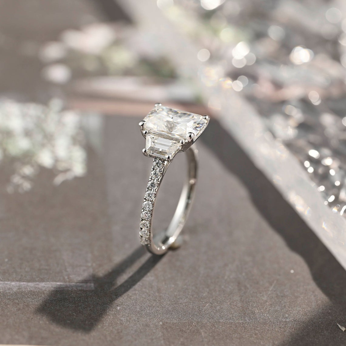 Stunning 4.0 CT Radiant Moissanite Engagement Ring with 3 Stones & Pave Design 4