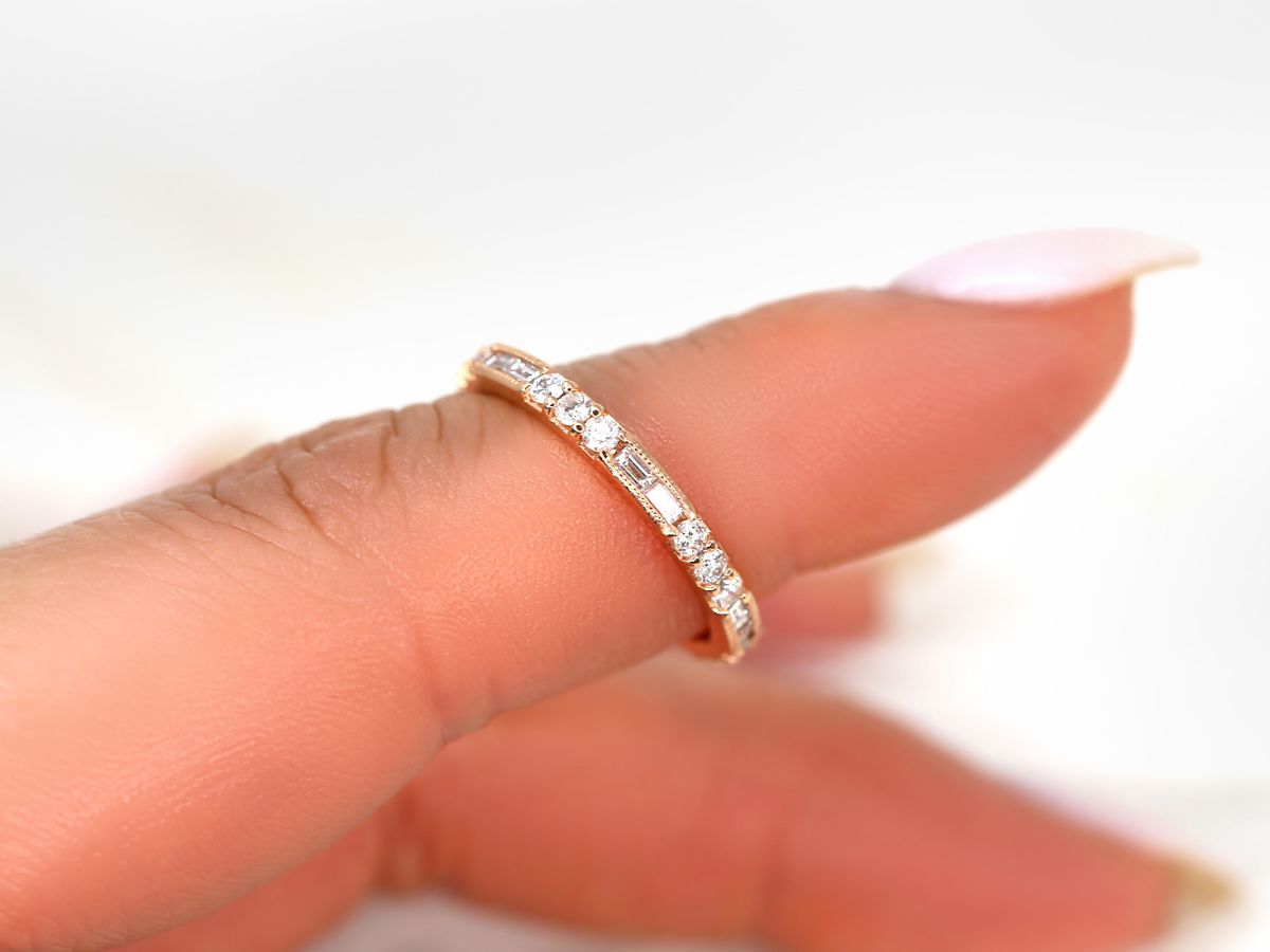 Stunning 0.67 CT Round & Baguette Moissanite Stones Vintage Wedding Band 5