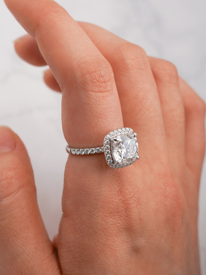 Stunning 1.0 - 2.0 CT Cushion Moissanite Engagement Ring with Pave & Halo Design 8