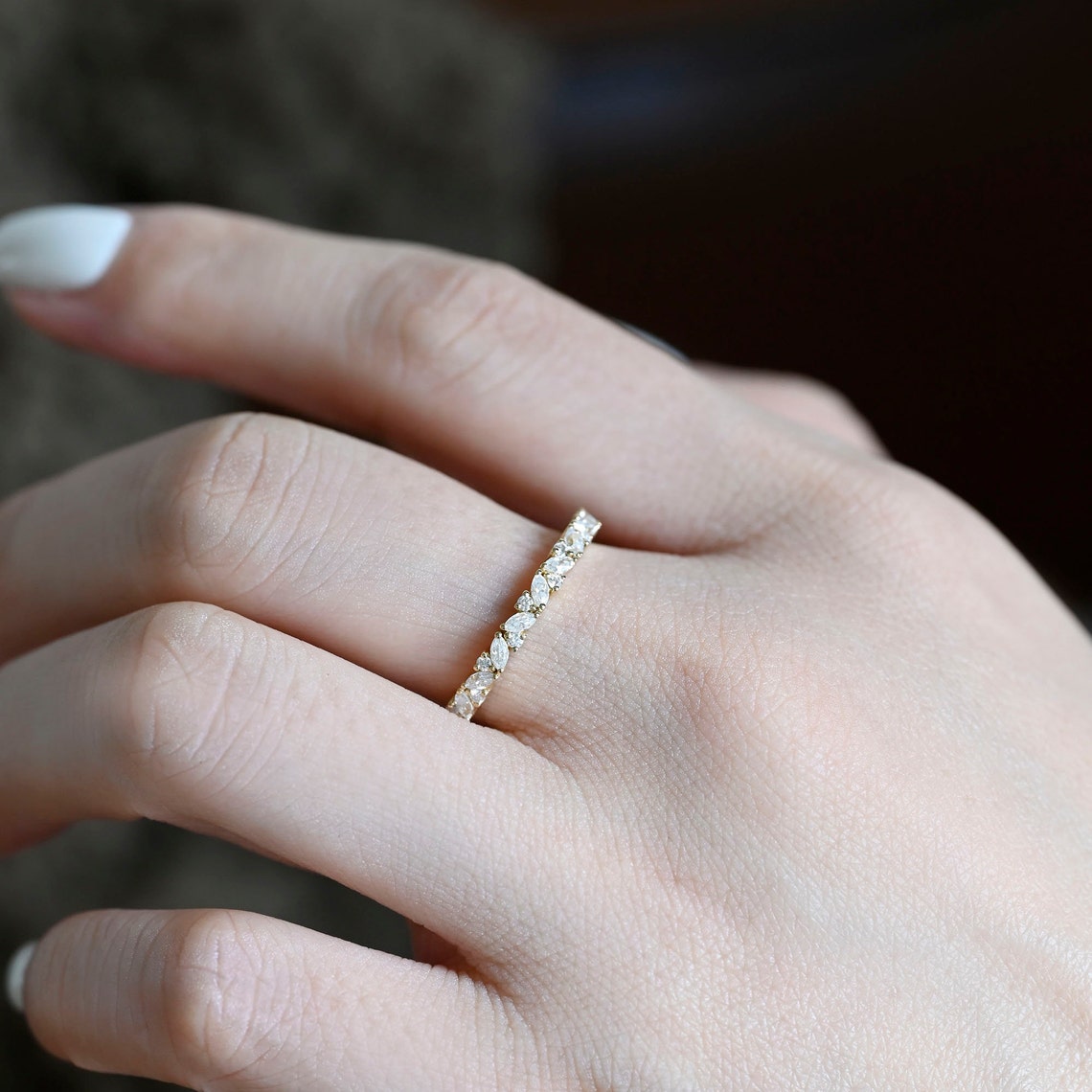 0.1 TCW Marquise & Round Cut Pave Moissanite Bridal Wedding Band 6