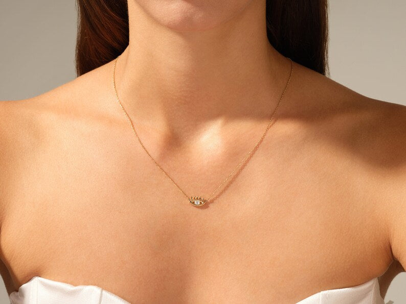 0.05 CT Round Moissanite Diamond Evil Eye Pendant Necklace in Solid Gold 5
