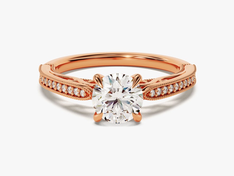 Stunning 1.0 CT Round Moissanite Engagement Ring with Milgrain Pave Design 5