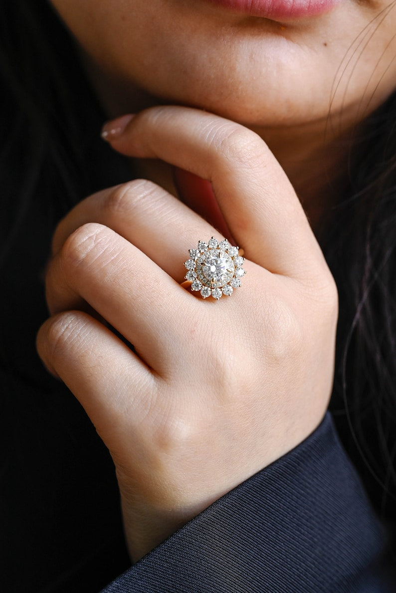 Stunning 0.5 - 1.5 CT Round Moissanite Engagement Ring with Double Halo Design 2