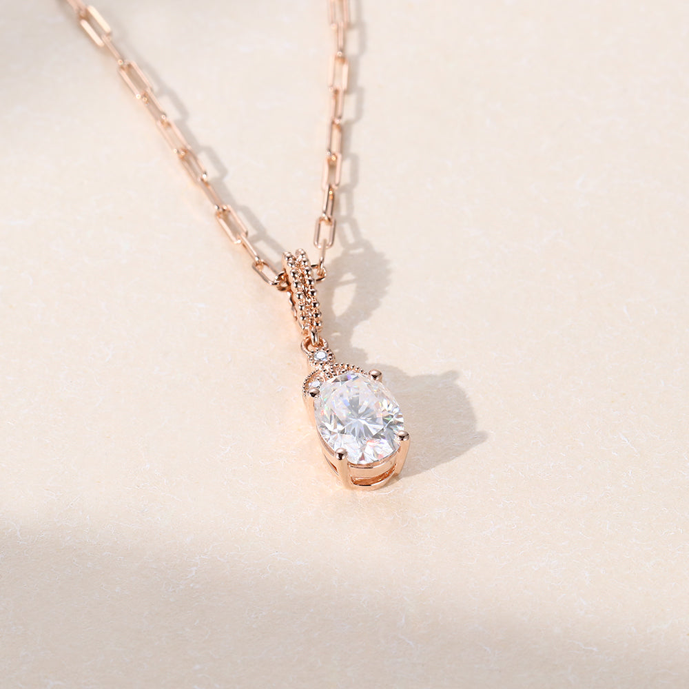 1.20 CT Oval Moissanite Diamond Milgrain Pendant Necklace in Solid Gold 3