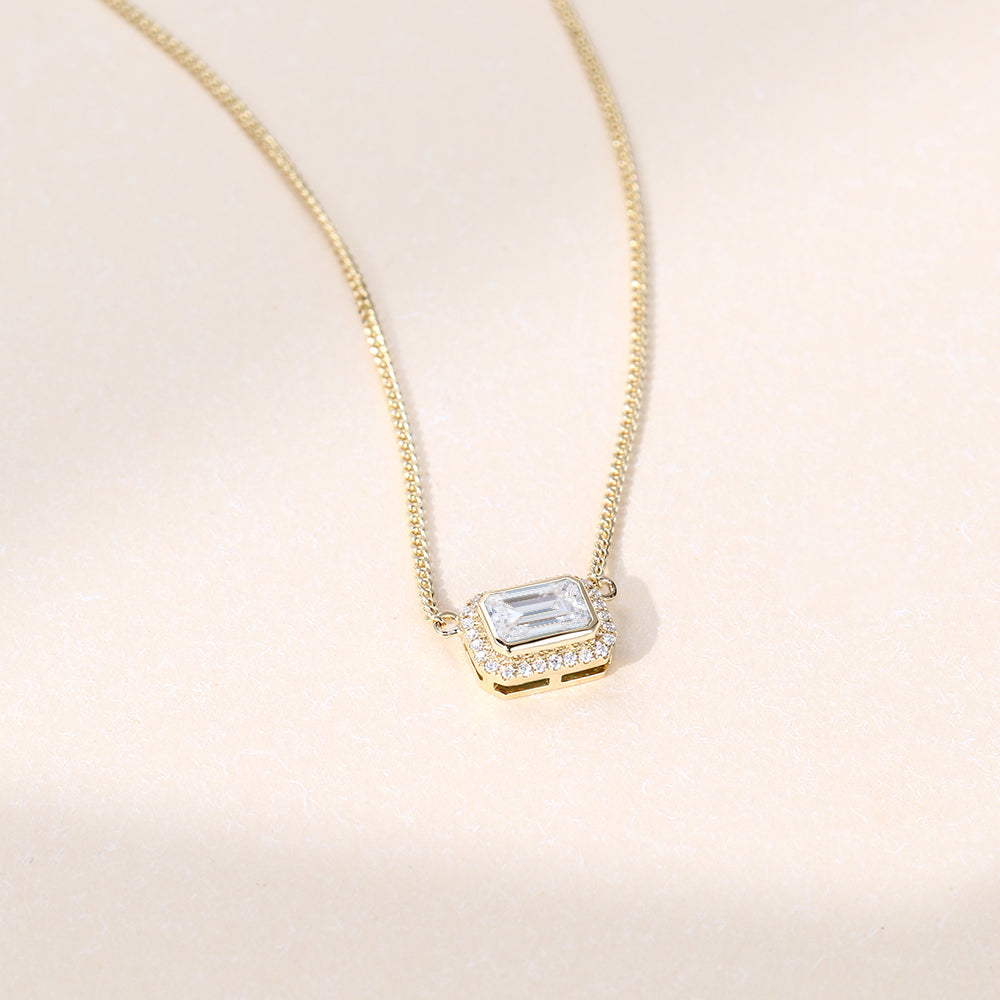 2.20 CT East West Emerald Moissanite Diamond Halo Pendant Necklace in Solid Gold 3