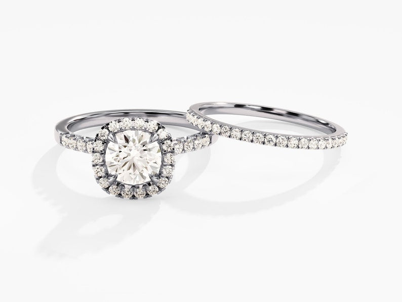 1.0 CT Round Cut Moissanite Halo Bridal Ring Set with Half Eternity Wedding Bands 3