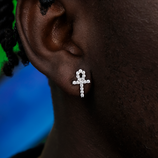 2.5 CT Round Moissanite Ankh Cross Stud Silver Earrings for Him 1