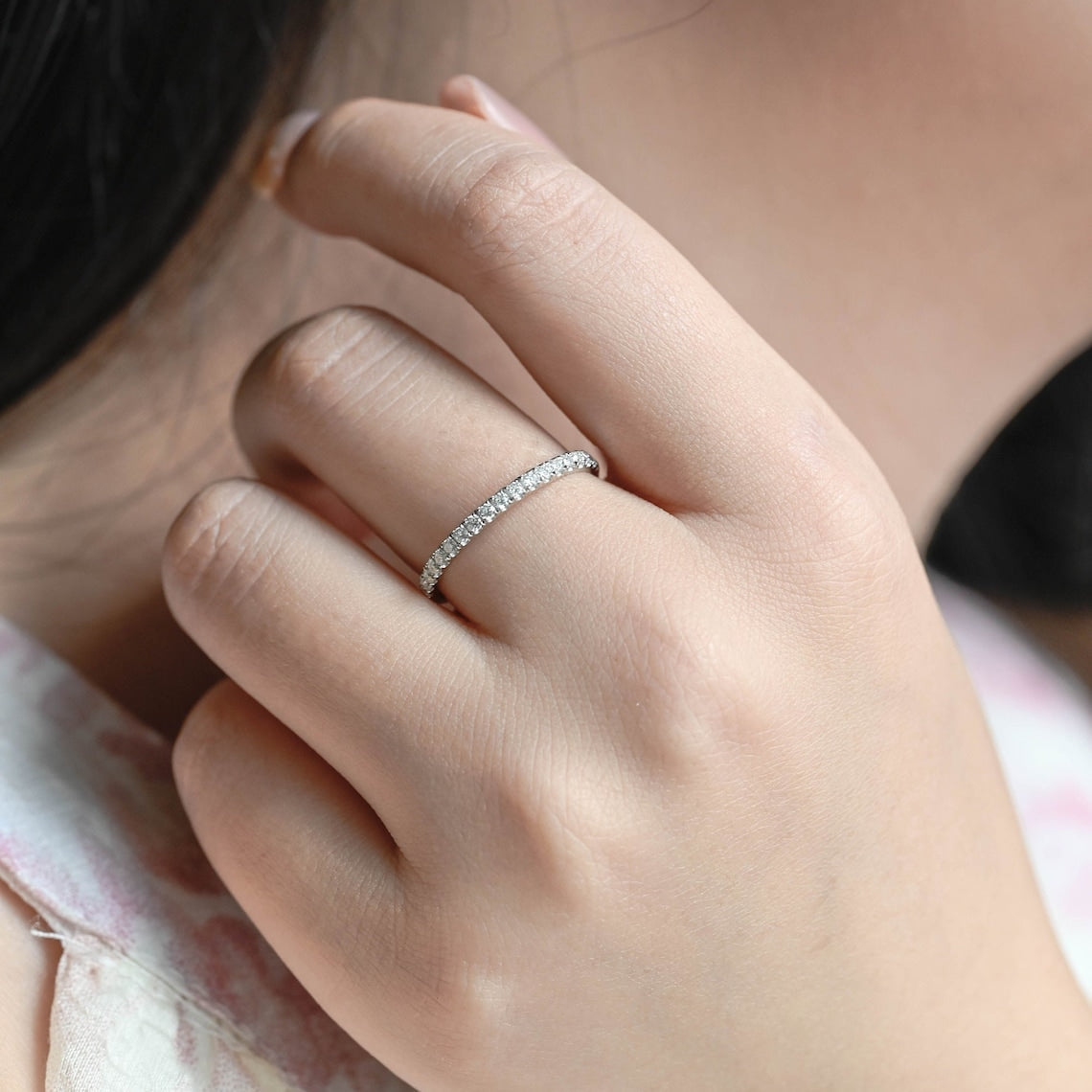 0.3 TCW Round Moissanite Bridal Wedding Band With Half Eternity Stacking 9