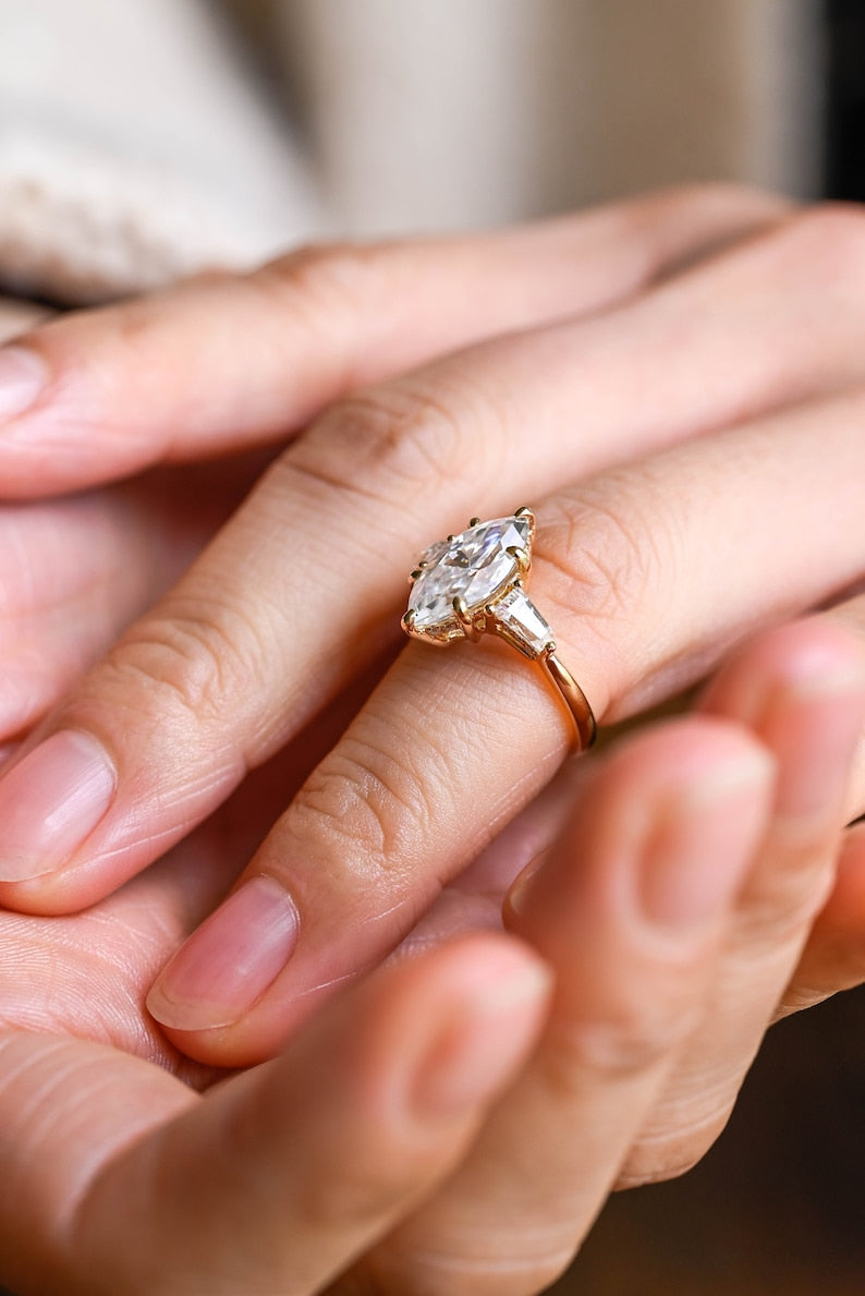 Stunning 1.0 - 2.0 CT Marquise Moissanite Engagement Ring with Three Stone and Hidden Halo Design 4