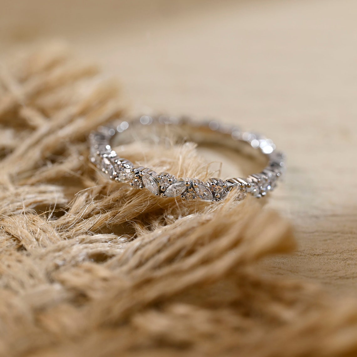 Stunning 0.3 CT Round & Marquise Moissanite Stones Wedding Band 5