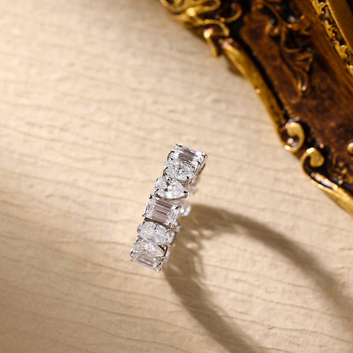 0.4 TCW Oval Pear & Emerald Cut Moissanite Bridal Wedding Band With Pave Style 10