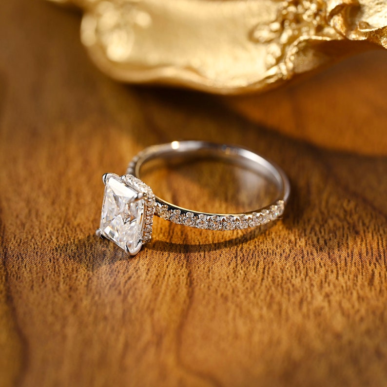 3.0 CT Radiant Shaped Moissanite Engagement Ring With Hidden Halo Pave Accents 8
